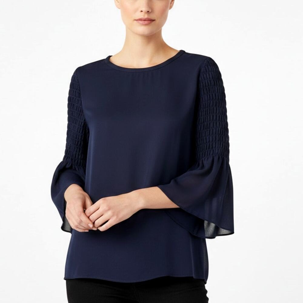 KOBI HALPERN Navy Bell Sleeve Top Size Small
